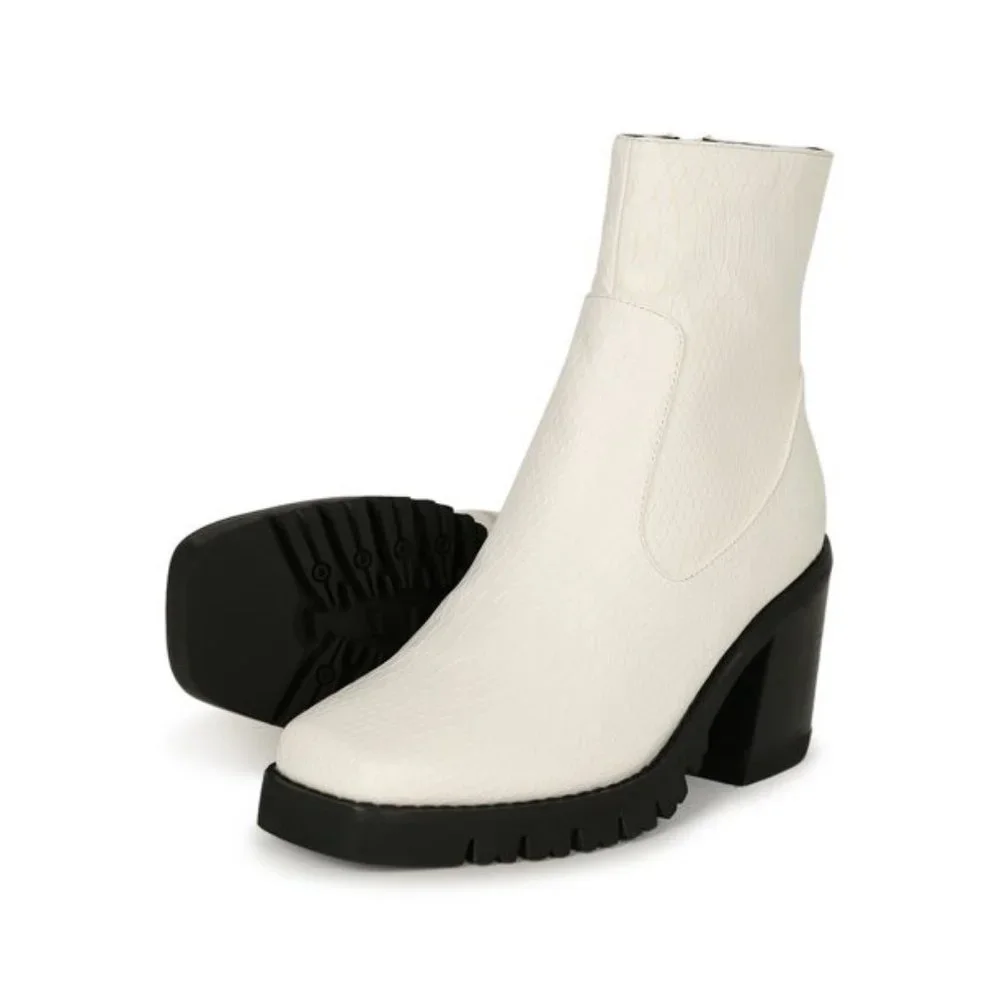 White Chunky Heel Ankle Boots